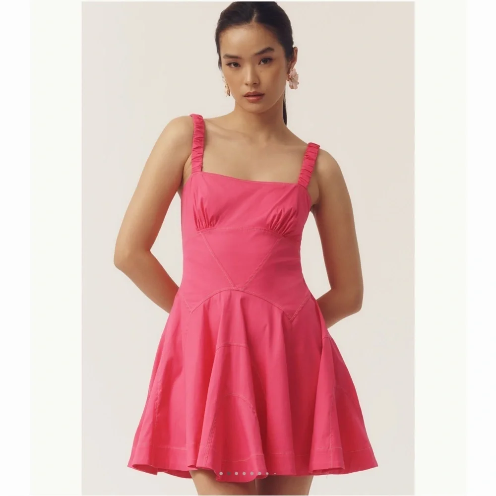 Anthropologie Pink Fit & Flare Mini Dress Size L Ruched Strap Back Zip NWT - Picture 11 of 11